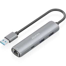Aisens Docking Station USB-A a Gigabit Ethernet + Hub 1xUSB-C y 2xUSB-A, Gris